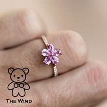 Load image into Gallery viewer, Pink Sapphire Diamond Sakura Cherry Blossom Flower Engagement Ring 18K Rose Gold Promise Ring for Couples