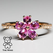 Load image into Gallery viewer, Pink Sapphire Diamond Sakura Cherry Blossom Flower Engagement Ring 18K Rose Gold Promise Ring for Couples
