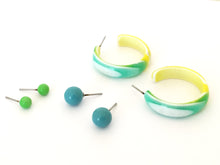 Load image into Gallery viewer, Mint Green &amp; Yellow Marbled Hoop and Stud Earrings Set | Vintage Lucite Post Earrings