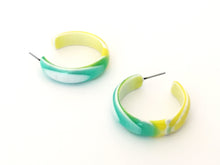 Load image into Gallery viewer, Mint Green &amp; Yellow Marbled Hoop and Stud Earrings Set | Vintage Lucite Post Earrings