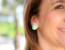 Load image into Gallery viewer, Brown and Cream Pin Stripe Lucite Disc Stud Earrings