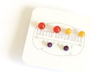 Load image into Gallery viewer, Tomato Red Yellow &amp; Moonglow Purple Tiny Stud Earring Set
