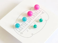 Load image into Gallery viewer, Neon Pink Turquoise and Teal Moonglow Tiny Stud Earrings Set