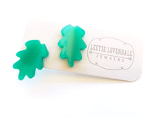 Load image into Gallery viewer, Teal Green Moonglow Jagged Leaf Stud Earrings
