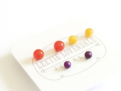 Tomato Red Yellow & Moonglow Purple Tiny Stud Earring Set