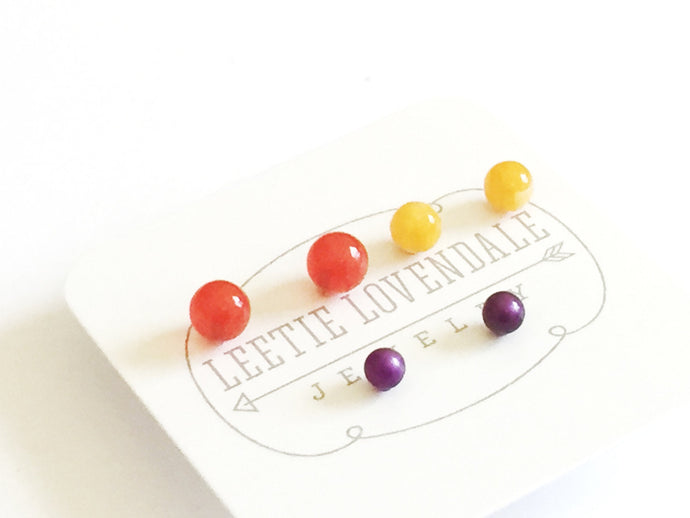 Tomato Red Yellow & Moonglow Purple Tiny Stud Earring Set