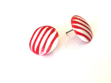 Load image into Gallery viewer, Cherry Red &amp; White Stripe Pin Stripe Disc Stud Earrings