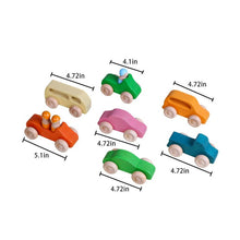 Load image into Gallery viewer, 7 Pcs Natural Wooden Cars Set with 3 pcs Peg Dolls