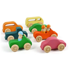 Load image into Gallery viewer, 7 Pcs Colored Wooden Rainbow Cars Set with 3 pcs Peg Dolls