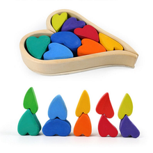 Load image into Gallery viewer, 10-Piece Stained Wooden Rainbow Heart Stacking Puzzle Blocks