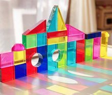 Load image into Gallery viewer, **Pre-order (Ships in 2-3 Weeks)**28 Pcs Rainbow Translucent Acrylic Sensory Building Blocks with Storage Tray