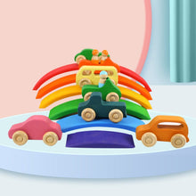 Load image into Gallery viewer, 7 Pcs Colored Wooden Rainbow Cars Set with 3 pcs Peg Dolls