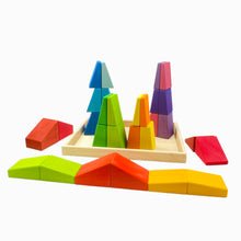 Load image into Gallery viewer, **Pre-order (Ships in 3-4 Weeks)**30 Pcs STAINED Wooden Sloping Blocks in Primary Rainbow Colors with Storage Tray
