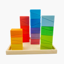 Load image into Gallery viewer, **Pre-order (Ships in 3-4 Weeks)**30 Pcs STAINED Wooden Sloping Blocks in Primary Rainbow Colors with Storage Tray