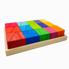Load image into Gallery viewer, **Pre-order (Ships in 3-4 Weeks)**30 Pcs STAINED Wooden Sloping Blocks in Primary Rainbow Colors with Storage Tray