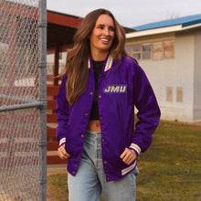 Load image into Gallery viewer, JMU Dukes Satin Letterman Bomber Jacket