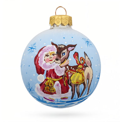 Girl with Reindeer Glass Ball Christmas Ornament 3.25 Inches