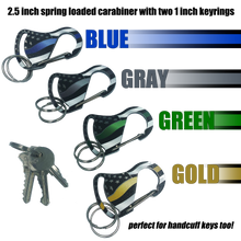 Load image into Gallery viewer, Thin Gold Line Carabiner Keychains with 2 key rings 911 dispatcher yellow security