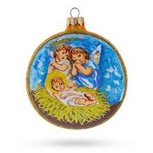 Load image into Gallery viewer, Divine Angels Overlooking Baby Jesus Glass Ball Christmas Ornament 4 Inches