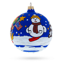 Load image into Gallery viewer, Bear Skiing with Snowman and USA Flag Glass Ball Christmas Ornament 4 Inches