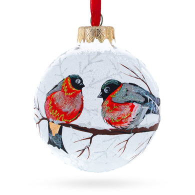 Bullfinches On Snowy Branch Glass Ball Christmas Ornament 3.25 Inches