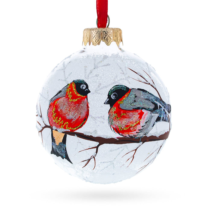 Bullfinches On Snowy Branch Glass Ball Christmas Ornament 3.25 Inches
