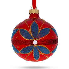 Load image into Gallery viewer, Blue Flowers on Red Glass Ball Christmas Ornament 3.25 Inches