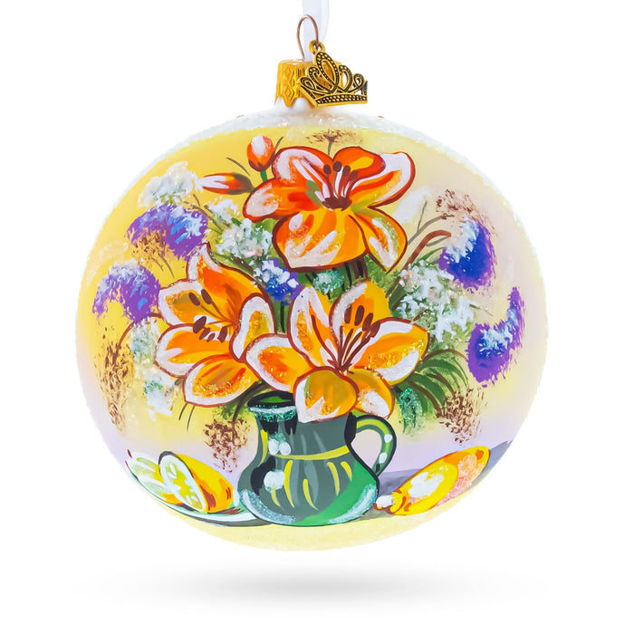Floral Vase Masterpiece Glass Ball Christmas Ornament 4 Inches