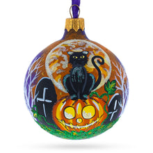 Load image into Gallery viewer, Full Moon with Black Cat and Jack-O’-Lantern Glass Ball Ornament 3.25 Inches