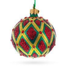 Load image into Gallery viewer, Glittered Red IKAT on Green Glass Ball Christmas Ornament 3.25 Inches