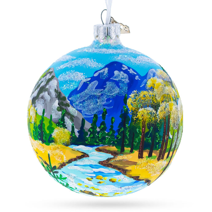 Mountain River Painting Glass Ball Christmas Ornament 4 Inches