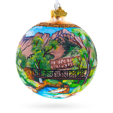 Bridge in the Mountain Park Painting Glass Ball Christmas Ornament 4 Inches