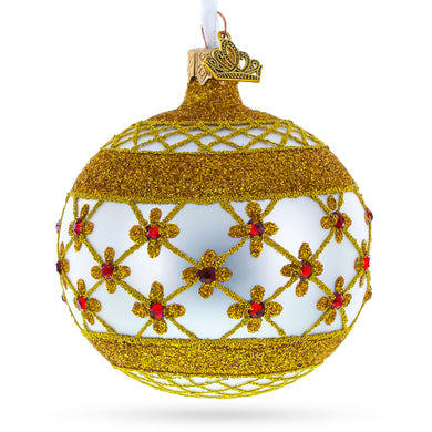 Red Jewels on Silver Glass Ball Christmas Ornament
