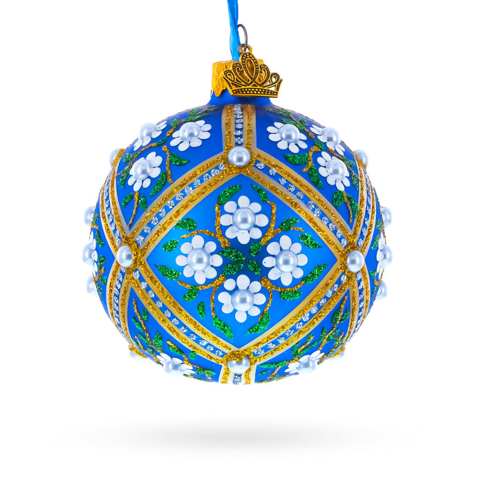 White Flowers on Blue Glass Ball Christmas Ornament 3.25 Inches