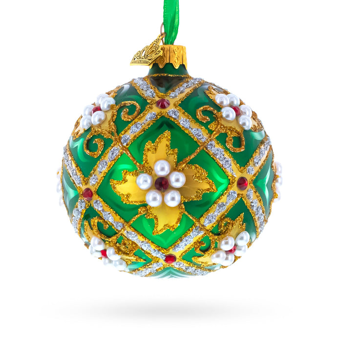Jewels on Green Glass Ball Christmas Ornament 3.25 Inches