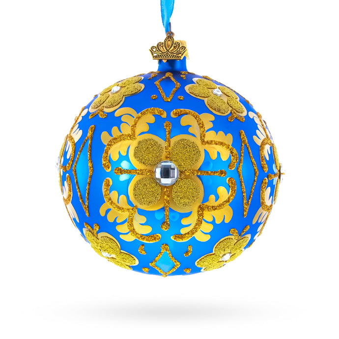 Jeweled Golden Leaves on Blue Glass  Ball Christmas Ornament 4 Inches