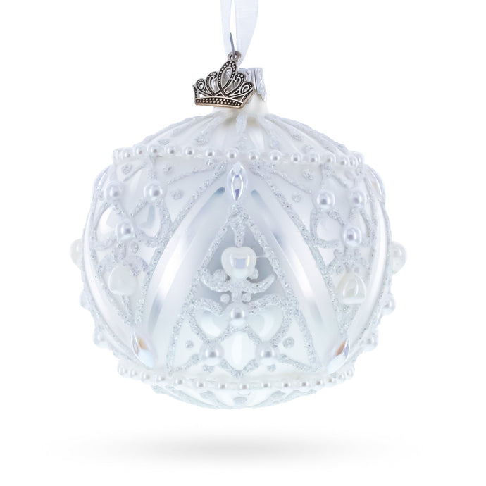 Dimensional Pearl Drops on White Ball Glass Christmas Ornament 3.25 Inches