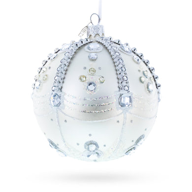 White Jewels on Silver Glass Ball Christmas Ornament 4 Inches