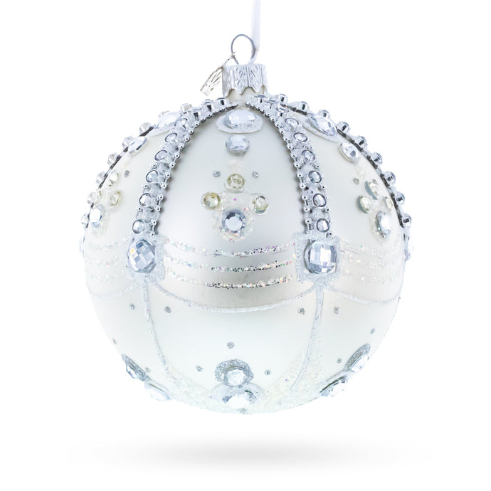 White Jewels on Silver Glass Ball Christmas Ornament 4 Inches