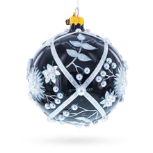 Load image into Gallery viewer, Pearl-Encrusted White Floral Design on Black Glass Ball Christmas Ornament 4 Inches