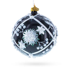 Load image into Gallery viewer, Pearl-Encrusted White Floral Design on Black Glass Ball Christmas Ornament 4 Inches
