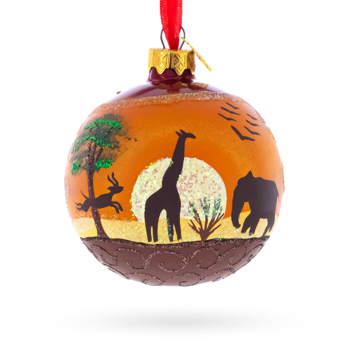 African Sunset with Giraffe and Tree Glass Ball Christmas Ornament 3.25 Inches