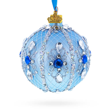 Luxurious Blue and Silver Jeweled Glass Ball Ornament 3.25 Inches