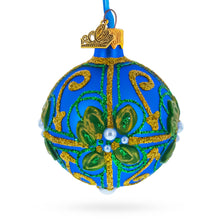 Load image into Gallery viewer, Green &amp; Gold Glitter Pearls &amp; Floral Accents Blue Glass Ball Christmas Ornament 2.4 Inches