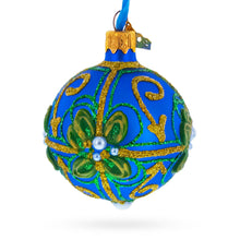 Load image into Gallery viewer, Green &amp; Gold Glitter Pearls &amp; Floral Accents Blue Glass Ball Christmas Ornament 2.4 Inches