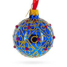 Load image into Gallery viewer, Red Beads, Blue Crystals &amp; Filigree Trellis Glitter on Gold Glass ball Ornament 2.4 Inches