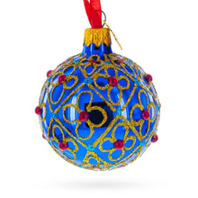 Load image into Gallery viewer, Red Beads, Blue Crystals &amp; Filigree Trellis Glitter on Gold Glass ball Ornament 2.4 Inches