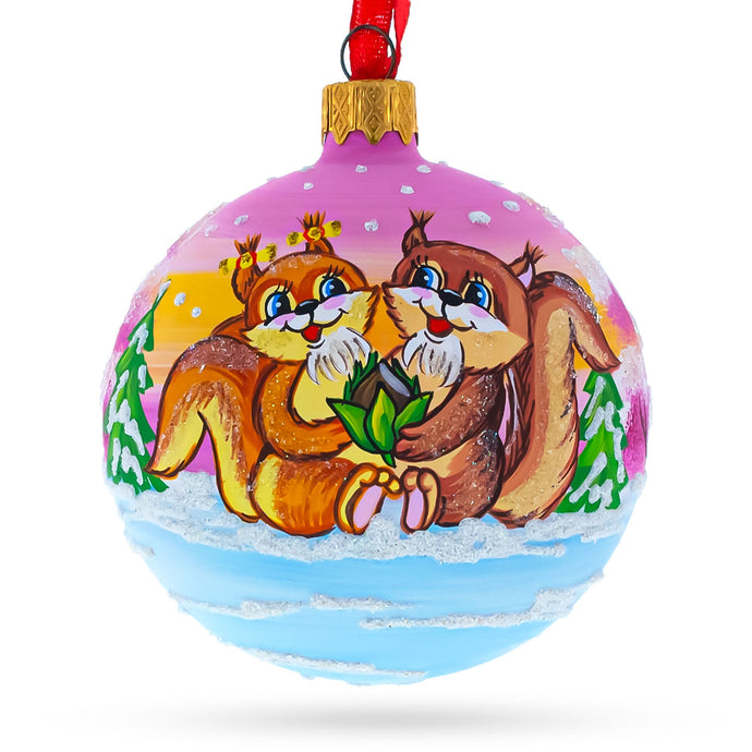 Squirrel Couple Amidst Lotus Flower Glass Ball Christmas Ornament 3.25 Inches