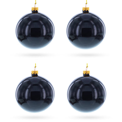 Set of 4 Glossy Black Glass Ball Christmas Ornaments 4 Inches