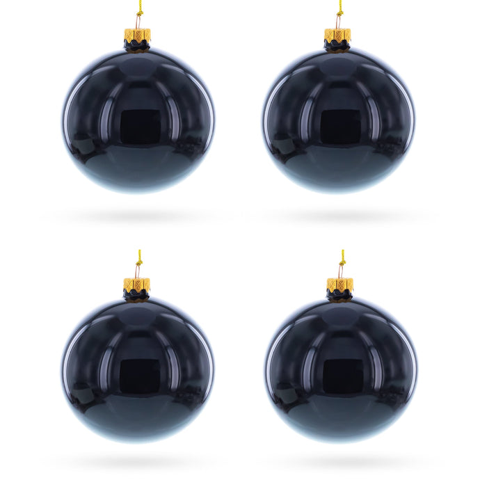 Set of 4 Glossy Black Glass Ball Christmas Ornaments 4 Inches
